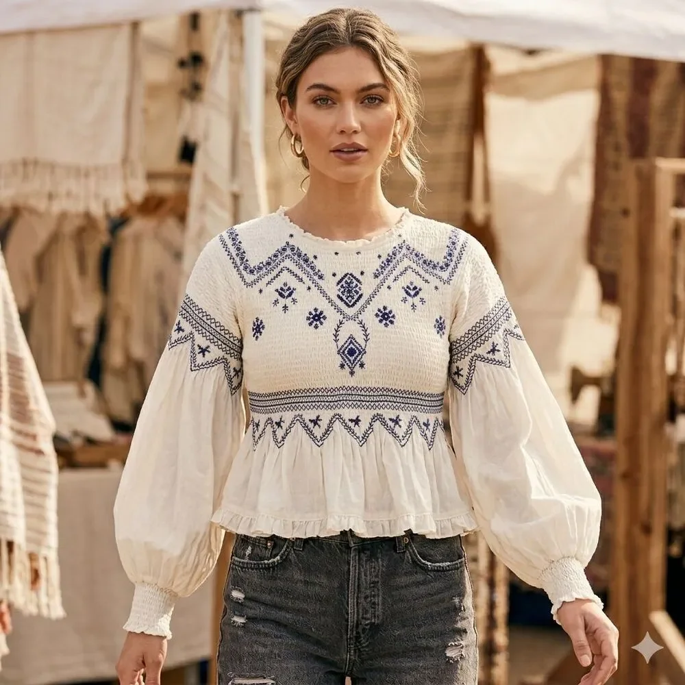 Free People Holly Embroidered Smocked White/Blue Women's Size L Boho Peasant Top